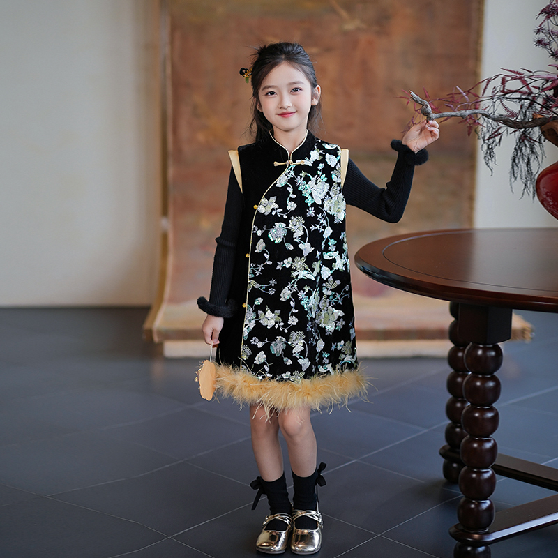 女童连衣裙2025秋冬新款儿童新中式国风丝绒马甲背心裙汉服旗袍裙
