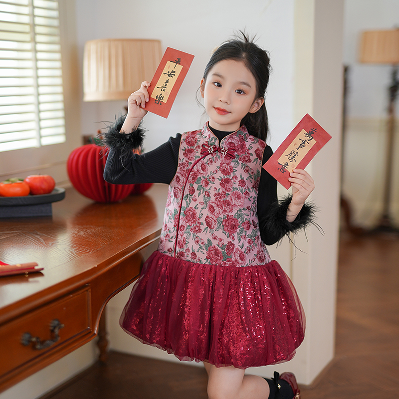 0769947女童拜年服小女孩新中式旗袍背心裙子25款冬季汉服连衣裙