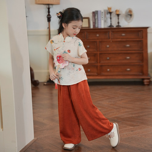 80672古风汉服女童套装2026新款夏季短袖唐装阔腿裤古风表演出服
