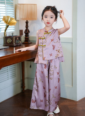 80228女童连衣裙夏款2025新中式立领盘扣无袖汉服阔腿裤两件套