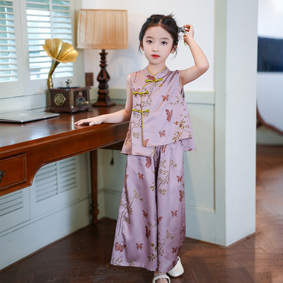80228女童连衣裙夏款2026新中式立领盘扣无袖汉服阔腿裤两件套