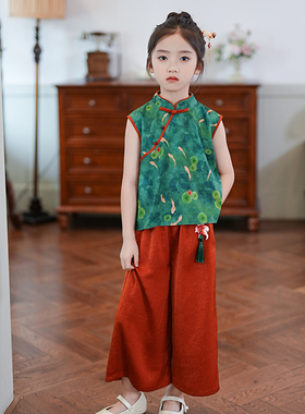 80221新中式女童套装2025夏季新款中国风复古上衣汉服儿童两件套