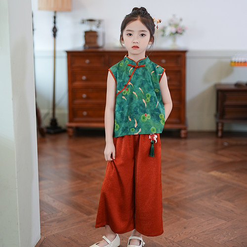 80221新中式女童套装2026夏季新款中国风复古上衣汉服儿童两件套