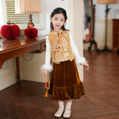 冬装 女童套装 2025款 拜年服马甲汉服唐装 小女孩生日周岁礼服 新中式