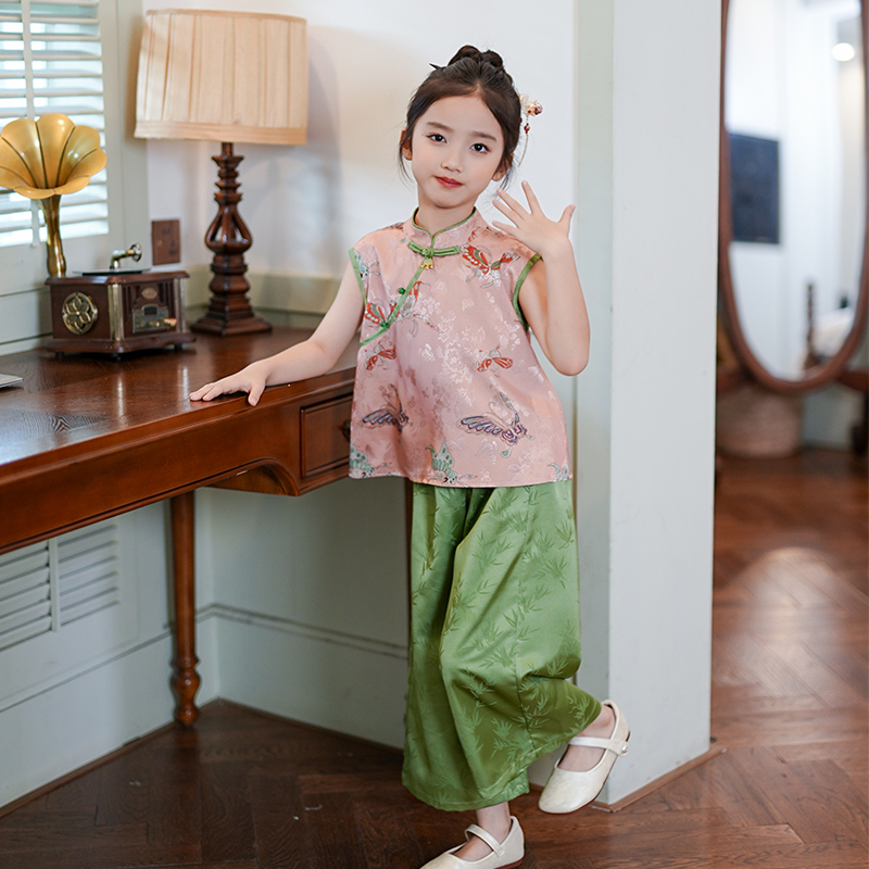 53533女童套装2025新中式改良旗袍上衣复古中国风汉服儿童两件套