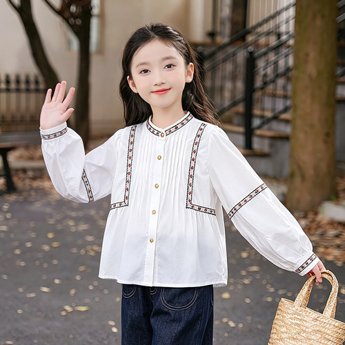 女童衬衫秋装2026新款复古织带拼接立领百搭娃娃衫衬衣长袖上衣