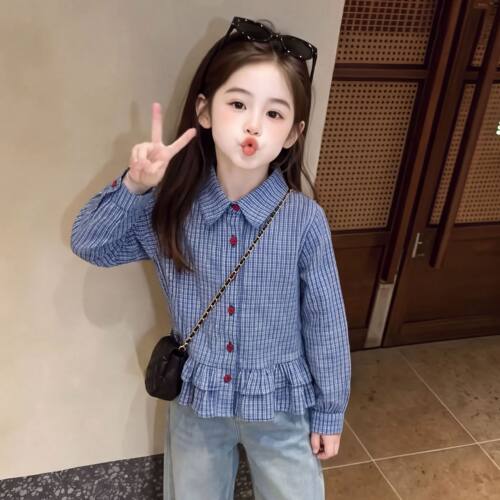 女童衬衫2026春秋季新款中大童长袖翻领衬衣小女孩格子上衣洋气