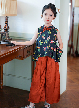 53558女童夏季套装2026新款无袖新中式碎花上衣阔腿裤儿童两件套