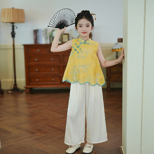 53858女童2025夏季新款新中式高级感汉服盘扣刺绣上衣儿童两件套
