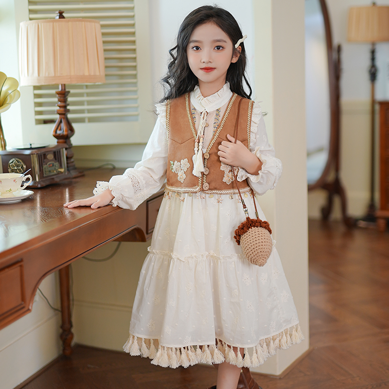女童马甲连衣裙套装秋装2025新款西域民族风波西米亚流苏背心裙子