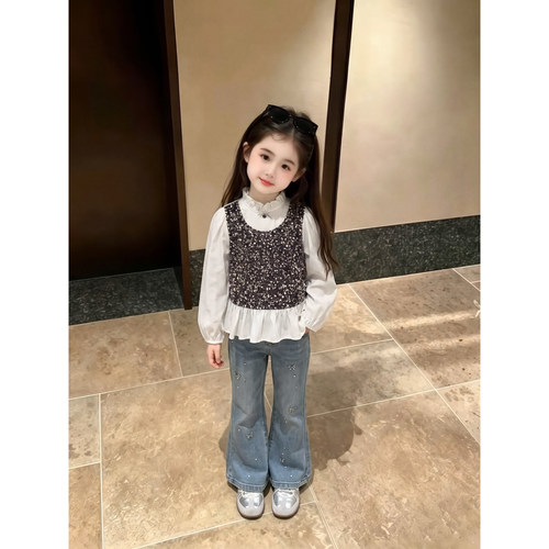 81219儿童花边领亮片衬衫2026秋季新款洋气设计感长袖衬衣女童装
