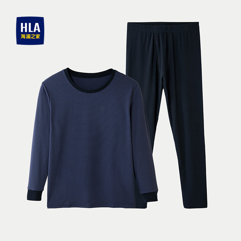 HLA/海澜之家远红外保暖内衣套装25新圆领撞色条纹磨毛弹力内衣男