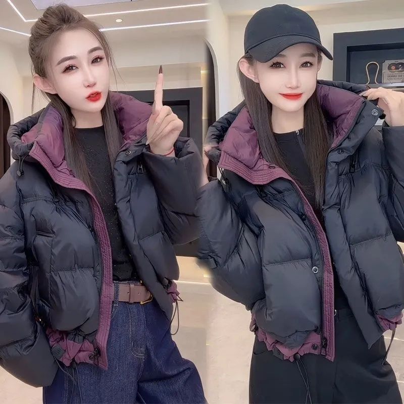 秋冬韩版百搭拼色连帽长袖棉服