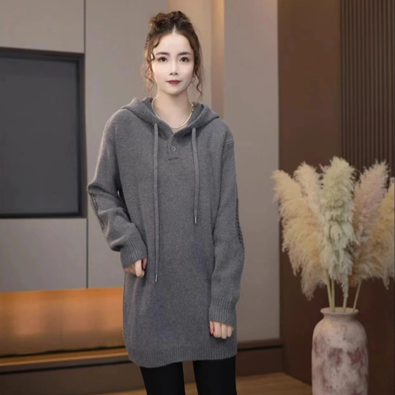 大码欧货慵懒风连帽针织衫女