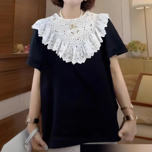 显瘦半袖 2025新款 减龄娃娃领T恤拼接洋气百搭修身 夏季 上衣女 时尚