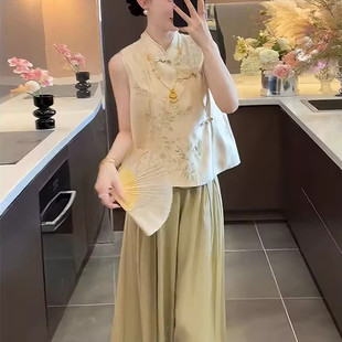 两件套 新中式 国风套装 女2025夏季 轻奢气质立领盘扣马甲上衣休闲裤