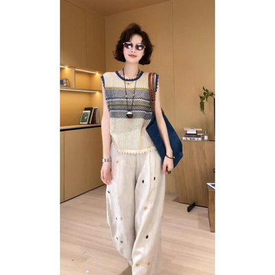 夏季韩系撞色条纹无袖女两件套