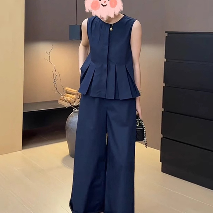 夏季穿搭一整套大码胖mm无袖上衣阔腿裤子减龄高级好看两件套装女