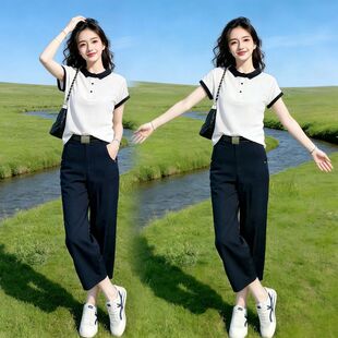 黑白撞色上衣搭配九分深蓝阔腿裤2026年夏季新款女装洋气时尚套装