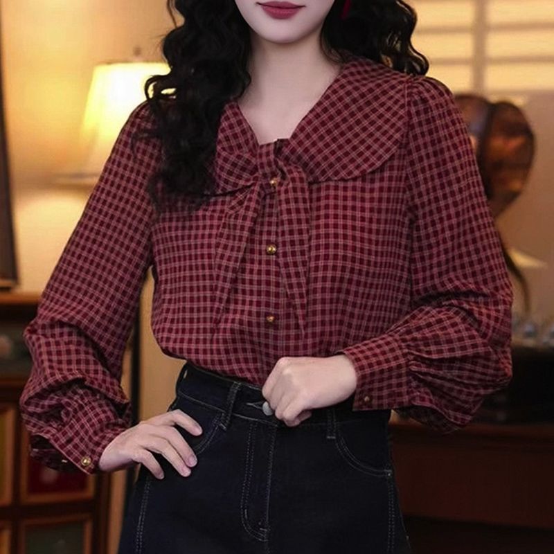 复古红格子V领蝴蝶结显瘦衬衫