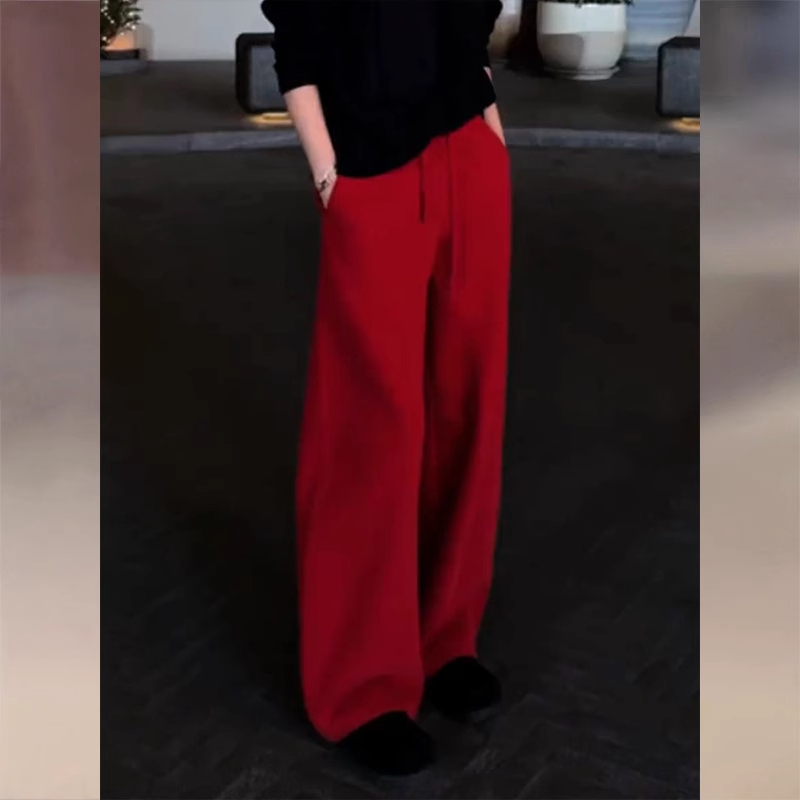 红色直筒休闲裤子女大码2025春季