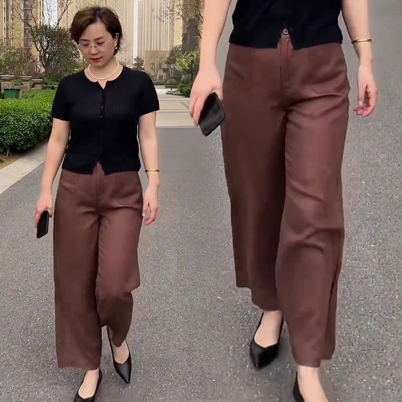 大码新款夏季亚麻高腰显瘦直筒裤女宽松休闲百搭透气九分阔腿裤潮