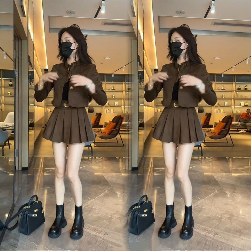 秋季新款高级感时尚套装裙女小个子气质短款外套百褶短裙子两件套
