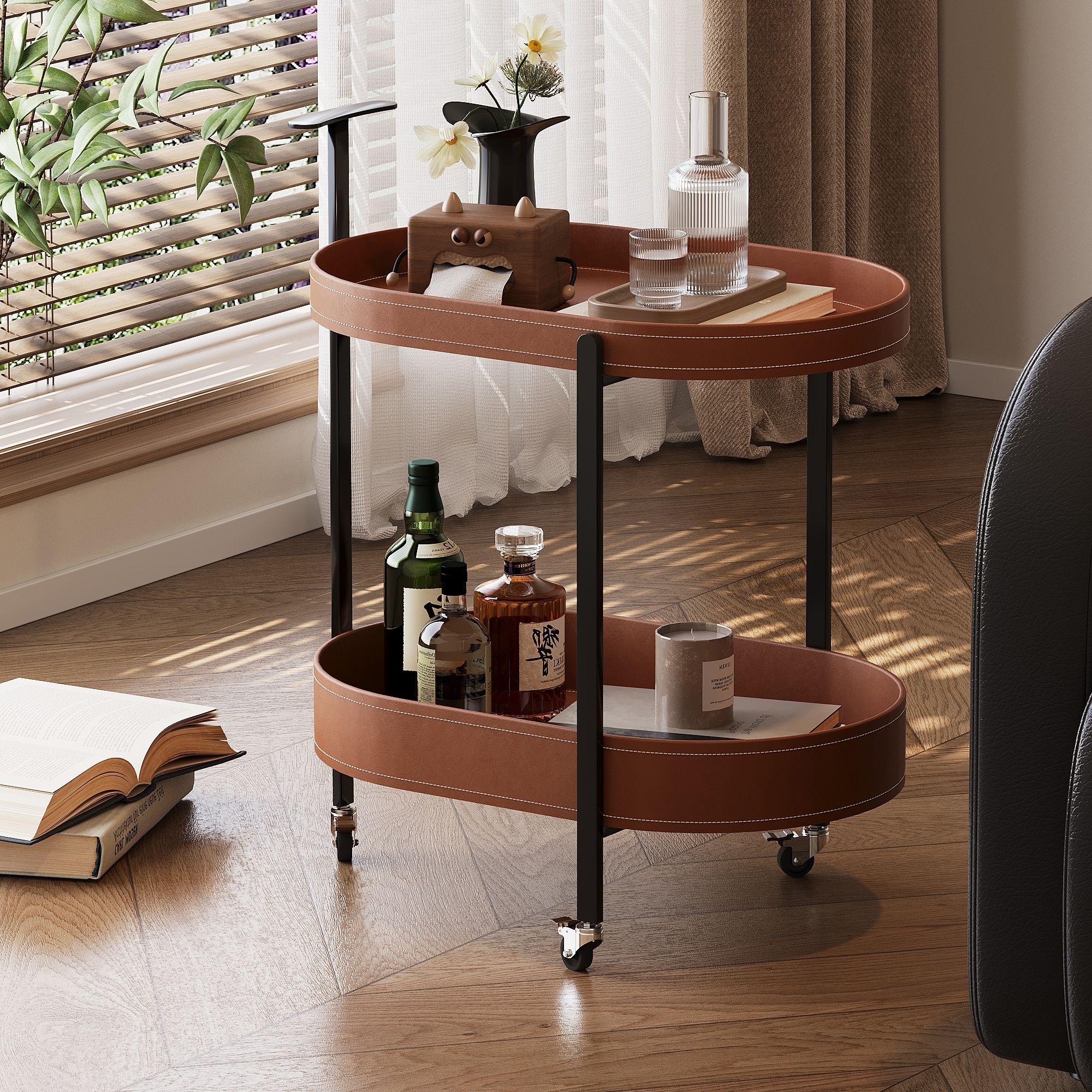 可移动沙发边几客厅家用卧室茶几落地马鞍皮零食推车收纳置物架