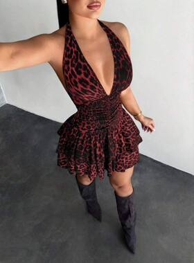 New women sexy halter dress leopard print skirt Платье
