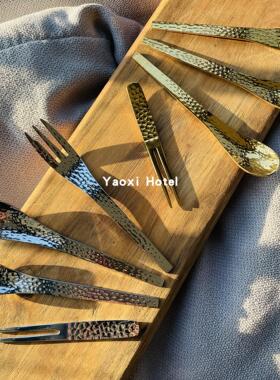 【日式锤目纹】轻奢水果叉子金色甜品叉304咖啡勺子搅拌勺精致ins