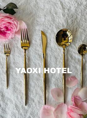 【设计师款】金色重手304不锈钢西餐刀叉勺子ins风水果叉子甜品勺