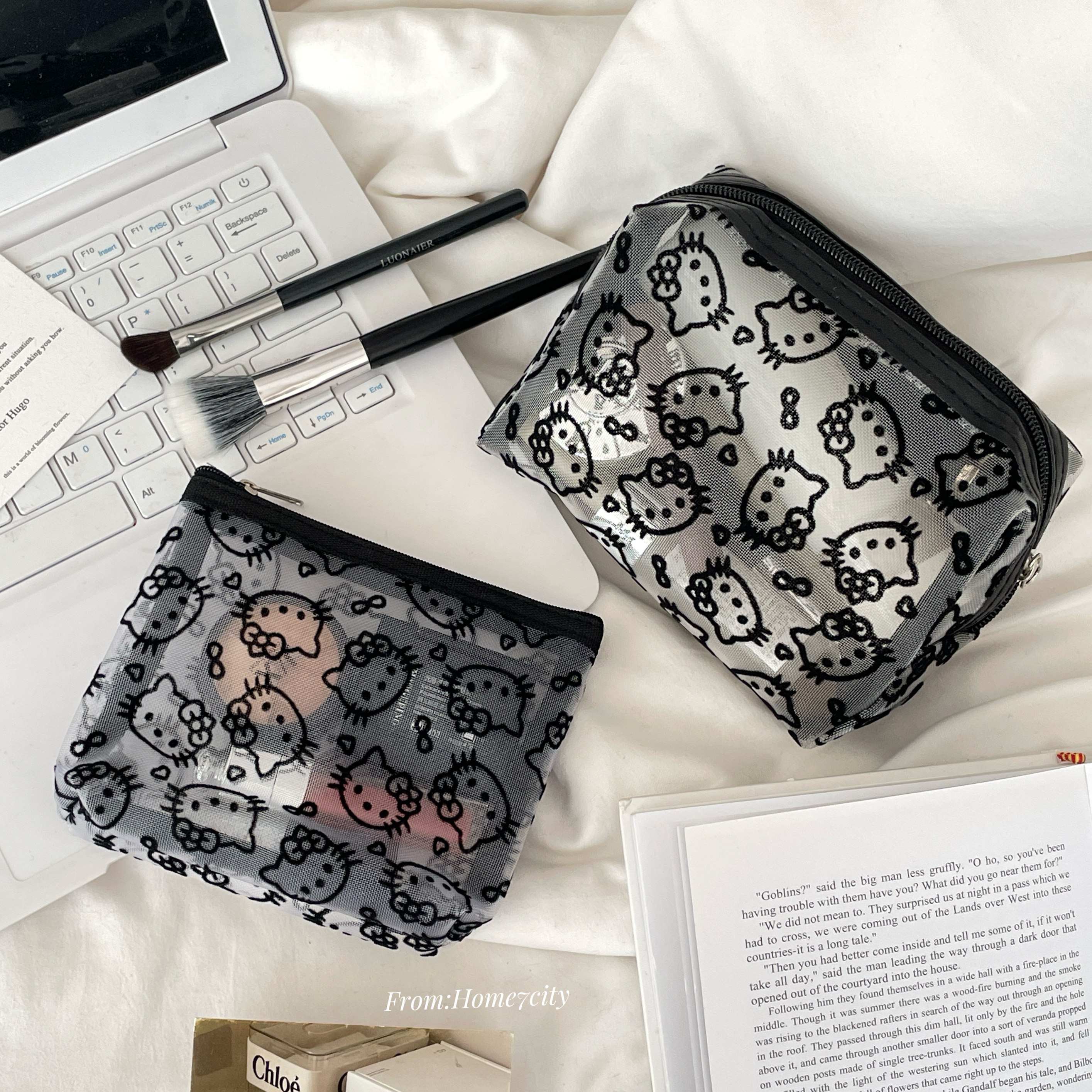 黑色网纱植绒小猫化妆包拉链式旅行便携洗漱包化妆品护肤品收纳包,收纳整理,化妆包,淘宝优惠券,粉丝福利购,淘宝优惠卷