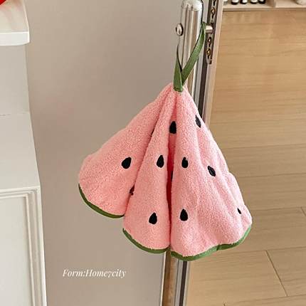 软乎乎西瓜苹果图案擦手巾珊瑚绒吸水厨房擦手布可挂式小毛巾