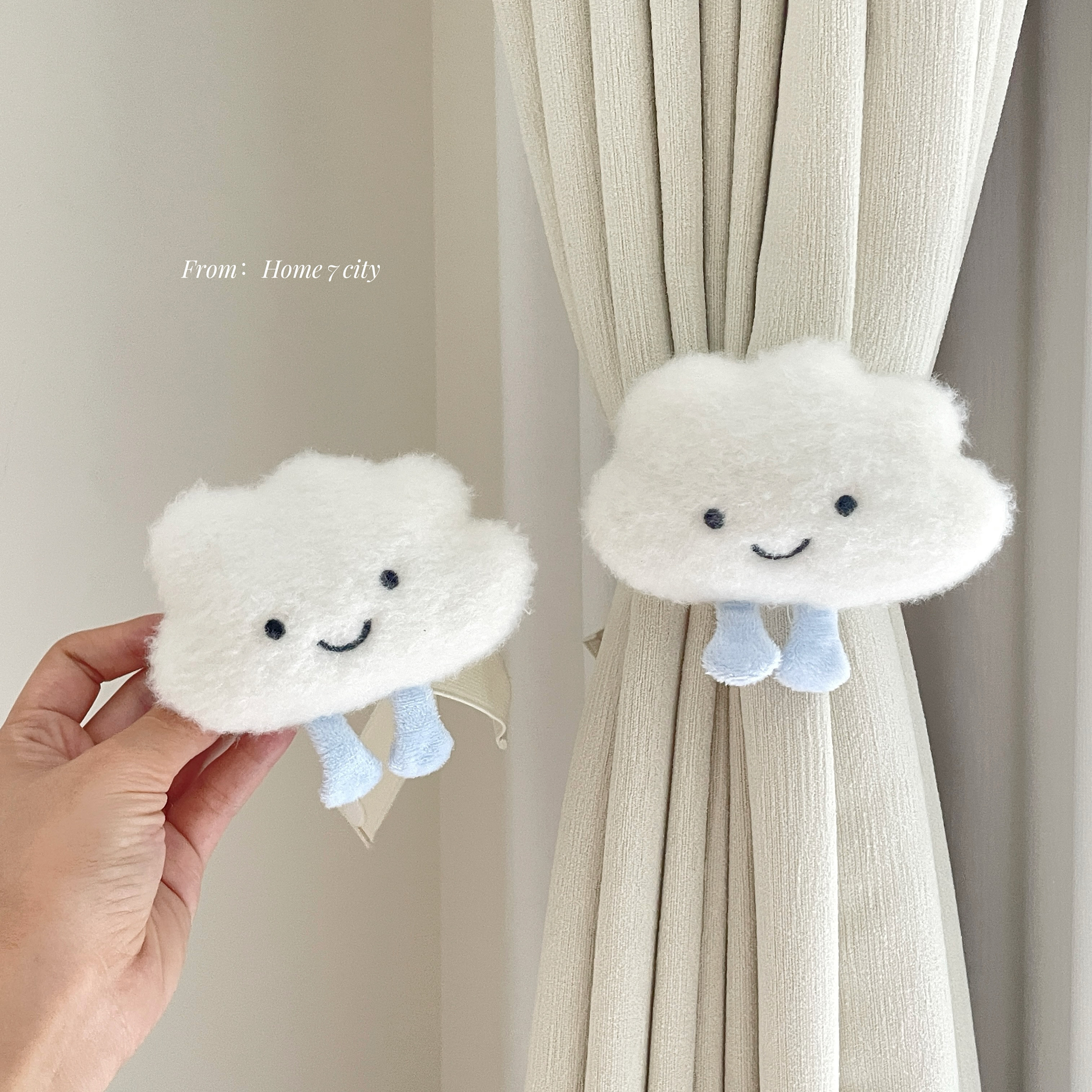 可爱蓝色脚丫云朵窗帘绑带