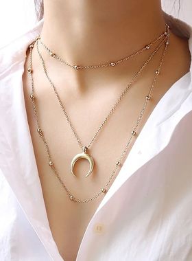 choker金属多层欧美短款月亮吊坠