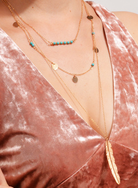 欧美热销金属羽毛亮片多层项链