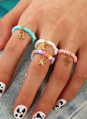 时尚五彩串珠米珠弹力趣味戒指女