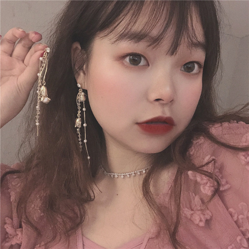 韩国长款流苏耳坠女玫瑰花朵珍珠耳环显脸瘦复古耳饰耳夹
