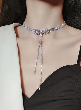 小众高级感蝴蝶结镶钻流苏项链女锁骨链个性颈链女ins冷淡风配饰