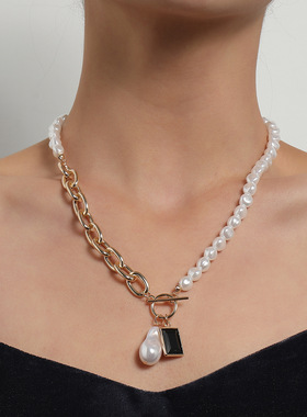 异形珍珠合金宝石水滴吊坠项链