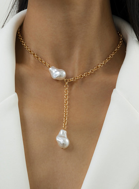 复古异形嘻哈风细链条巴洛克珍珠