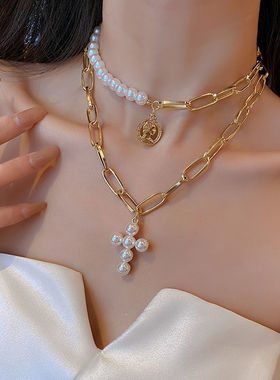 叠戴十字架珍珠项链女双层项圈