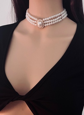 复古珍珠项链女锁骨链镶钻颈链