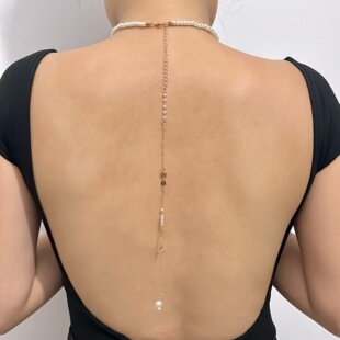 欧美跨境潮流珍珠亮片项链女 简约长款金属链条性感后背链饰品