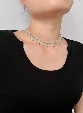 流苏蓝色水钻项链流苏锁骨链女