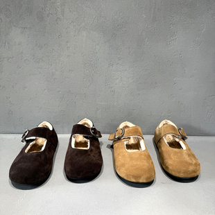 欧货磨砂皮加绒浅口软木鞋 新款 女欧洲站2025冬季 先峰名典羊毛单鞋