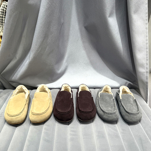 欧洲站乐魔加绒女鞋2025年冬季新款欧货磨砂皮羊羔毛一脚蹬乐福鞋