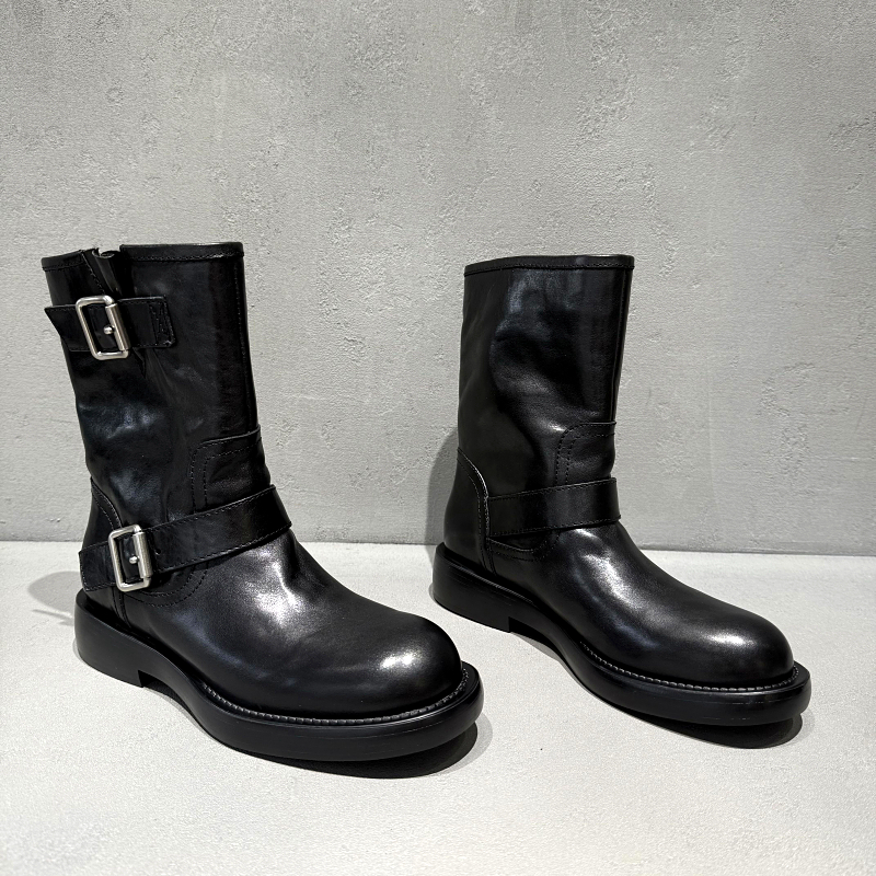 先峰名典真皮短靴女皮带扣马丁靴