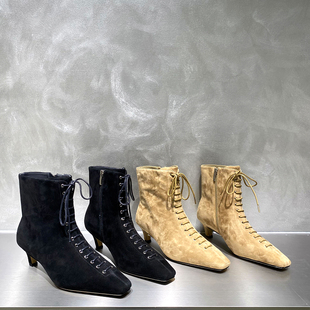 欧洲站真皮马丁靴女2025年秋季 欧货磨砂皮尖头高跟女人味短靴 新款