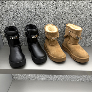 欧洲站皮毛一体雪地靴女2025年冬季 欧货真皮厚底羊毛加绒短靴 新款
